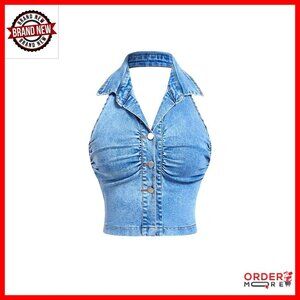Plus Size Denim Halter Top Button Up Ruched Sleeveless Backless Chic Y2K